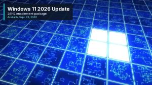 Windows four-pane mark lit on a blue circuit-tile grid with a Windows 11 2026 Update plate. Original graphic, not a Microsoft image.