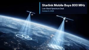 SpaceX illustration of two Starlink Mobile satellites, labeled V1 and V2, beaming coverage cells down to Earth at night, with a plate reading 